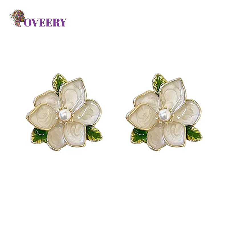 Vintage Light Luxury Gardenia Enamel Pearl 925 Silver Needle Earrings