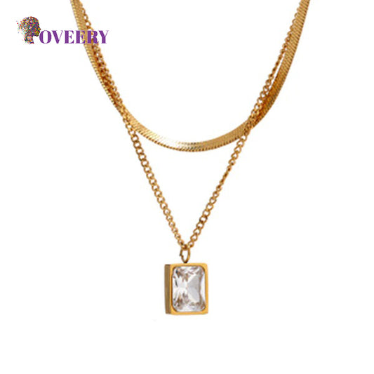 Double layer 18K golden snake chain necklace mini exquisite square diamond crystal pendant necklace