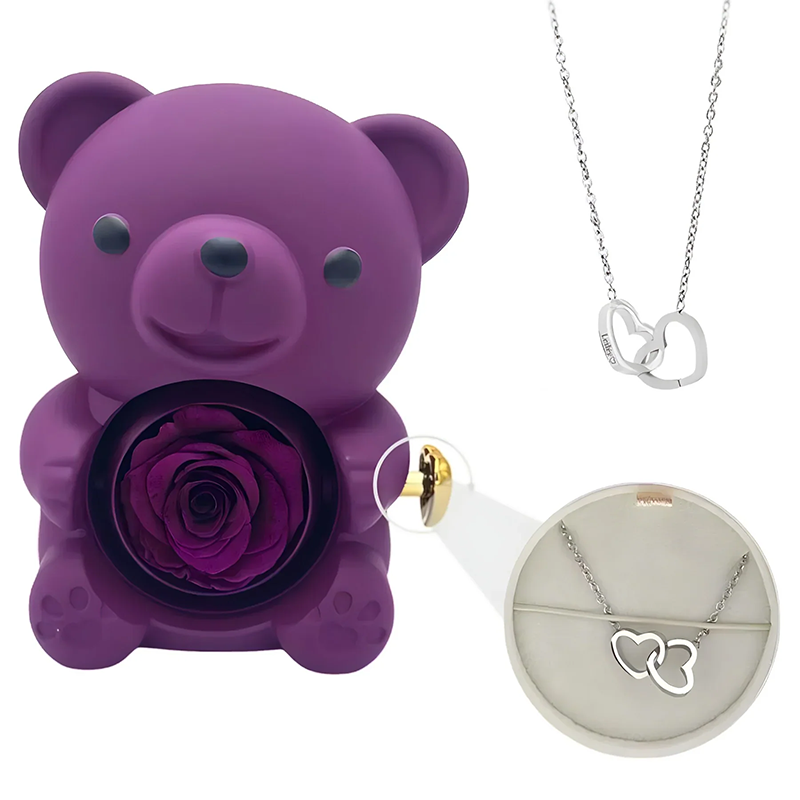 Collier gravé double cœur et coffret Eternal Bear