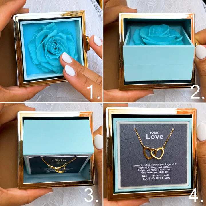 Double Heart Engraved Necklace & Eternal Rose Box