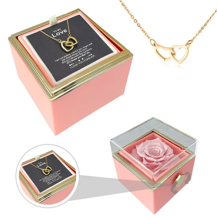 Collier gravé double cœur et coffret rose éternelle 