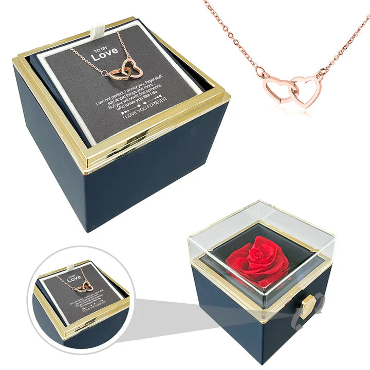 Double Heart Engraved Necklace & Eternal Rose Box