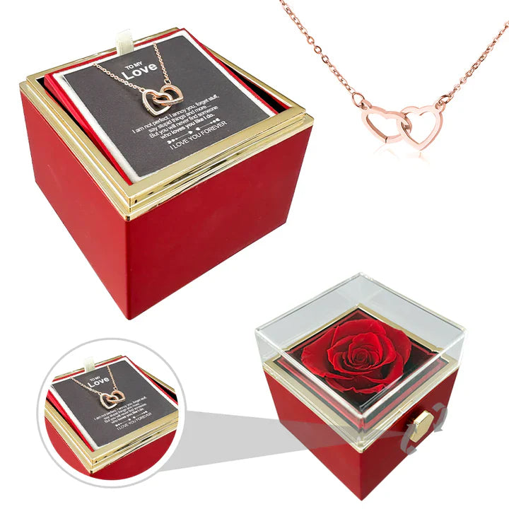 Double Heart Engraved Necklace & Eternal Rose Box