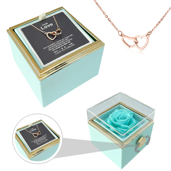 Double Heart Engraved Necklace & Eternal Rose Box