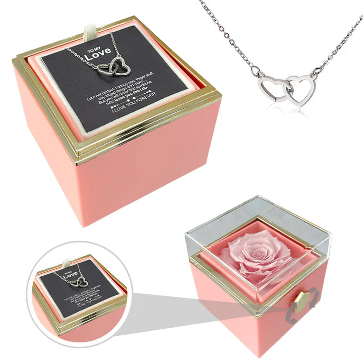 Collier gravé double cœur et coffret rose éternelle 