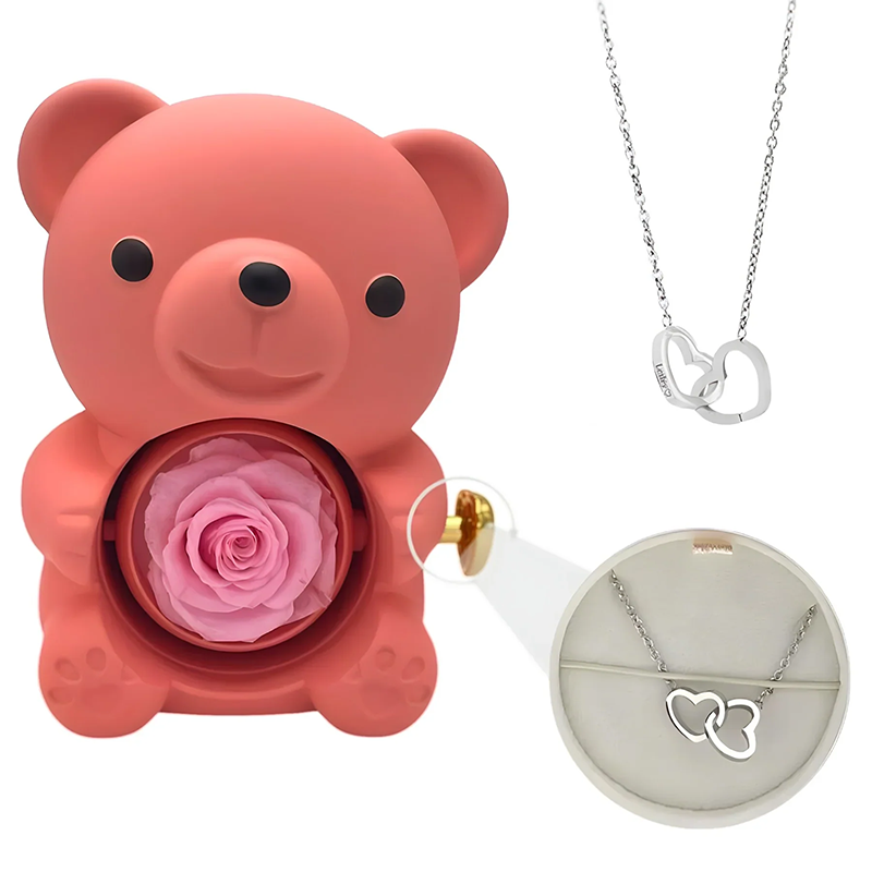 Collana con doppio cuore inciso e scatola orso eterno