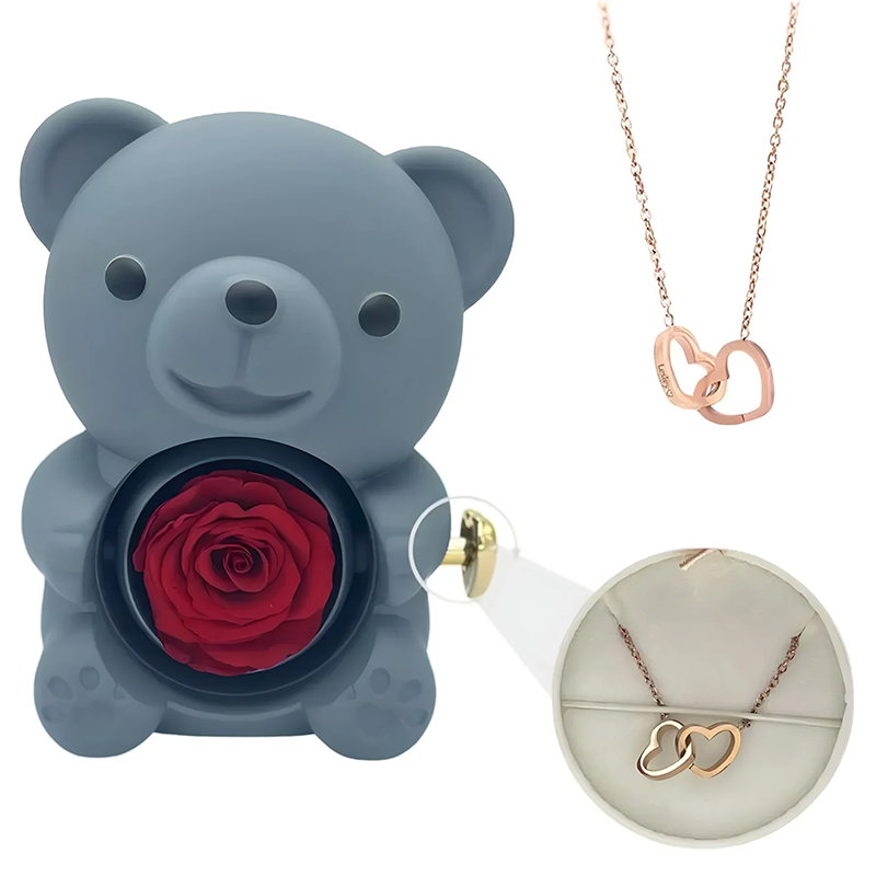 Double Heart Engraved Necklace & Eternal Bear Box